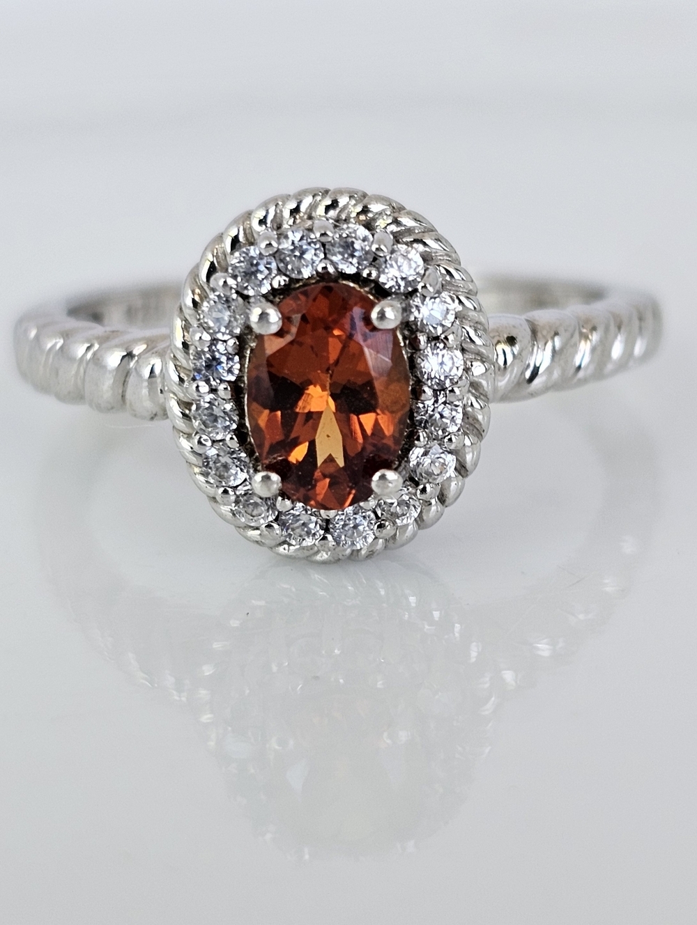 Genuine Mandarin Spessartite Garnet & White Zircon Ring Sterling Silver Size 10!